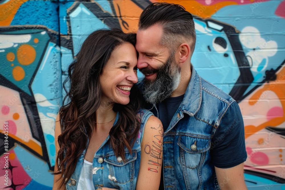 Portrait of a happy couple in their 30s wearing a rugged jean vest in colorful graffiti wall