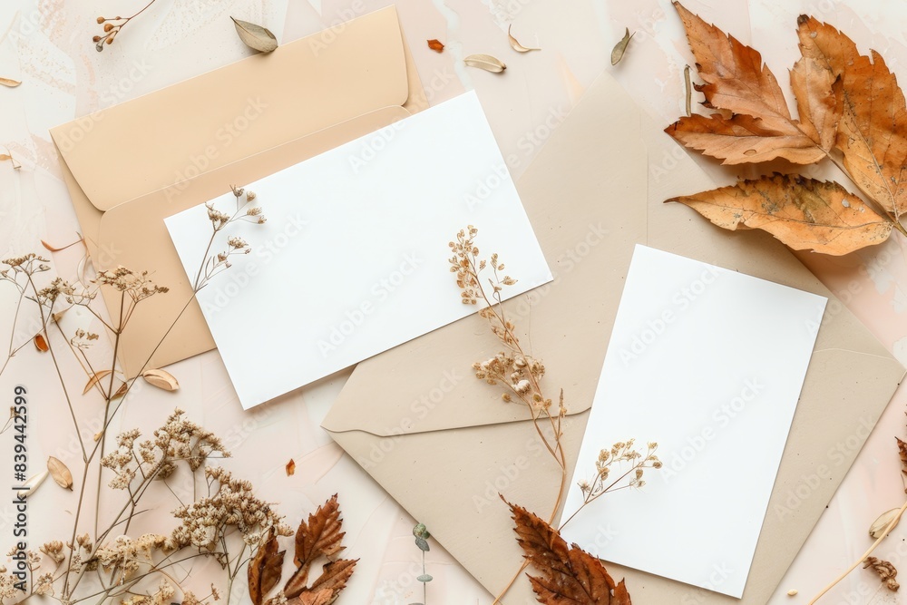 flat lay mockup of two blank white paper cards on beige table with kraft envelope and dry flowers, aesthetic background. mockup template for wedding invitation or business presentation design. flat lay mockup of two blank white paper cards on beige table with kraft envelope and dry flowers, aesthetic background. mockup template for wedding invitation or business presentation design.