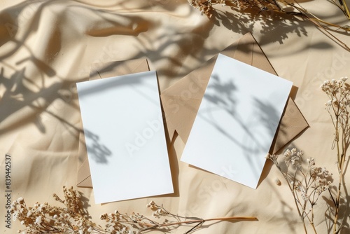 flat lay mockup of two blank white paper cards on beige table with kraft envelope and dry flowers, aesthetic background. mockup template for wedding invitation or business presentation design.