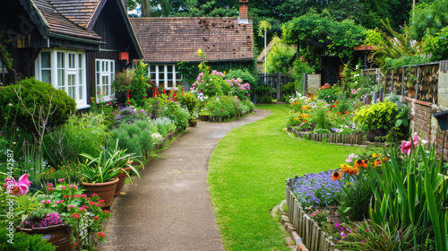 Beautiful backyard English cottage garden with green lawn and flower beds