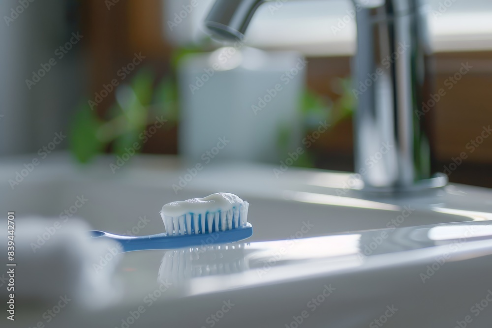 Pristine White Toothbrush with Toothpaste on a Marble Sink - Cleanliness and Hygiene Pristine White Toothbrush with Toothpaste on a Marble Sink - Cleanliness and Hygiene