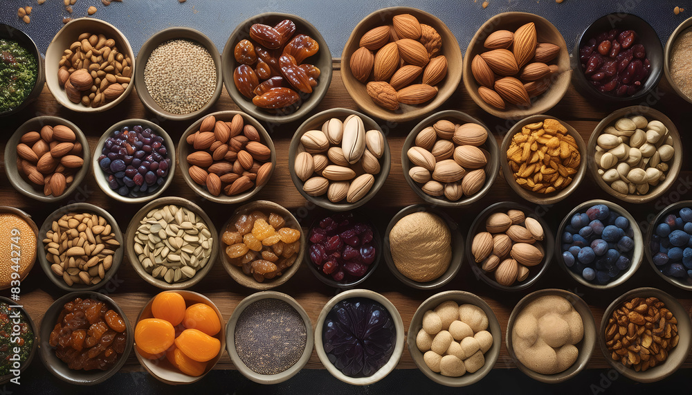 A colorful assortment of various nuts, seeds, and dried fruits displayed in bowls. Perfect for a healthy snack or food-related content.