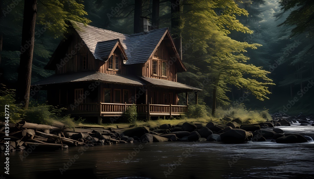 Wooden log house in a summer forest near a river, Generative AI, Generative, AI Wooden log house in a summer forest near a river, Generative AI, Generative, AI