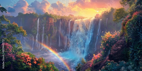 Rainbow and waterfall scene in a calm setting