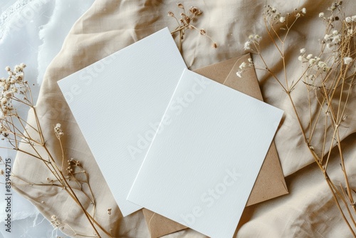 flat lay mockup of two blank white paper cards on beige table with kraft envelope and dry flowers, aesthetic background. mockup template for wedding invitation or business presentation design.