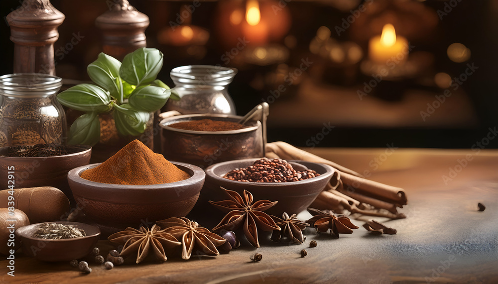 A rustic kitchen table adorned with a variety of spices in bowls and jars, creating a warm, aromatic ambiance perfect for culinary inspiration. A rustic kitchen table adorned with a variety of spices in bowls and jars, creating a warm, aromatic ambiance perfect for culinary inspiration.