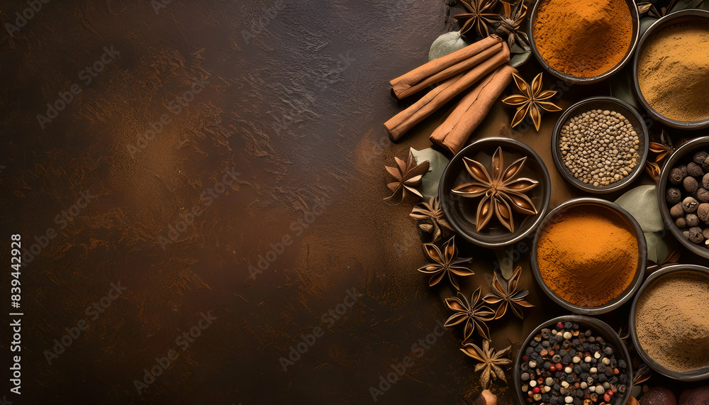 A rustic arrangement of various spices including cinnamon, star anise, turmeric, and pepper, on a dark brown textured background. A rustic arrangement of various spices including cinnamon, star anise, turmeric, and pepper, on a dark brown textured background.