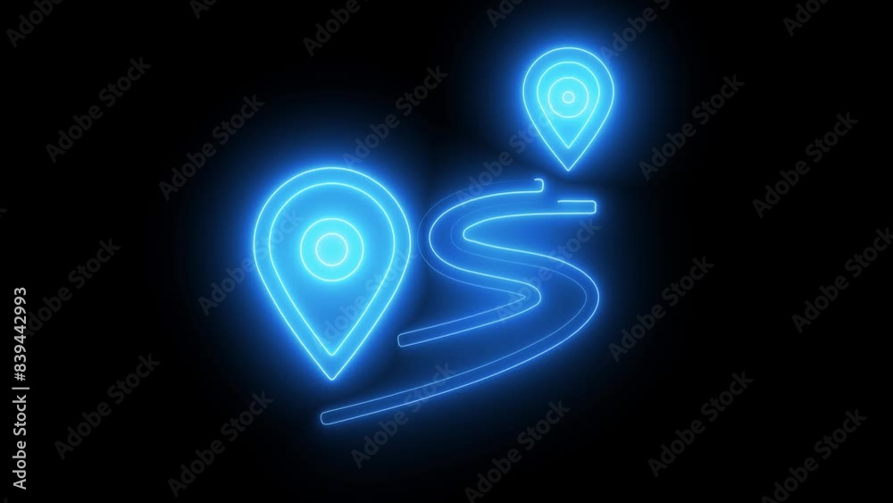 Glowing neon line Route location icon isolated on black background. Map pointer sign. Concept of path or road. GPS navigator. Glowing neon line Route location icon isolated on black background. Map pointer sign. Concept of path or road. GPS navigator.
