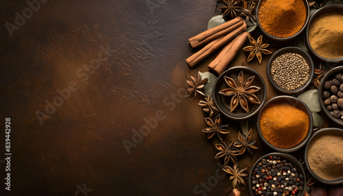 A rustic arrangement of various spices including cinnamon, star anise, turmeric, and pepper, on a dark brown textured background. photo