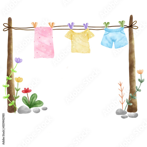 clothes line with clothes in the garden.