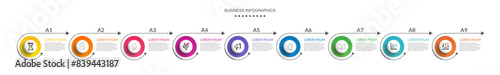 Business vector infographics with 9 circles and arrows. Timeline visualization with nine steps for diagram, flowchart, banner, presentations, web, content, levels, chart, graphic