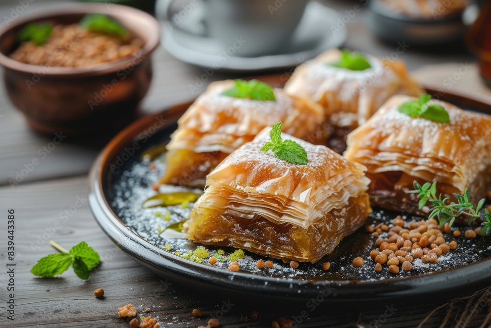 A traditional Turkish dessert called baklava, served as a sweet treat during Eid al-Fitr. Hyper realistic. Shot with canon 5d Mark III --ar 3:2 --style raw Job ID: 866ec7dd-d55e-40a7-820d-11b0289903cd A traditional Turkish dessert called baklava, served as a sweet treat during Eid al-Fitr. Hyper realistic. Shot with canon 5d Mark III --ar 3:2 --style raw Job ID: 866ec7dd-d55e-40a7-820d-11b0289903cd