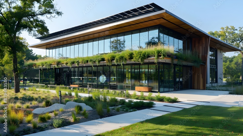 Eco-Friendly Modern Building with Green Rooftop and Solar Panels Eco-Friendly Modern Building with Green Rooftop and Solar Panels
