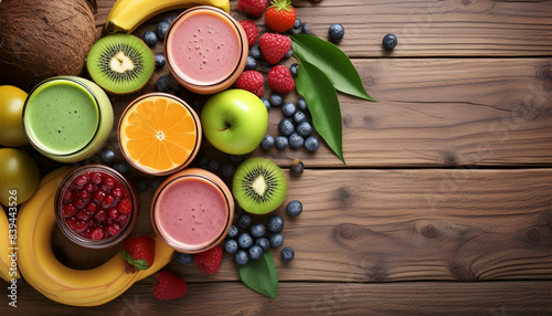 Colorful assortment of fresh fruits and smoothies on a wooden background, featuring kiwi, berries, bananas, and apple. photo