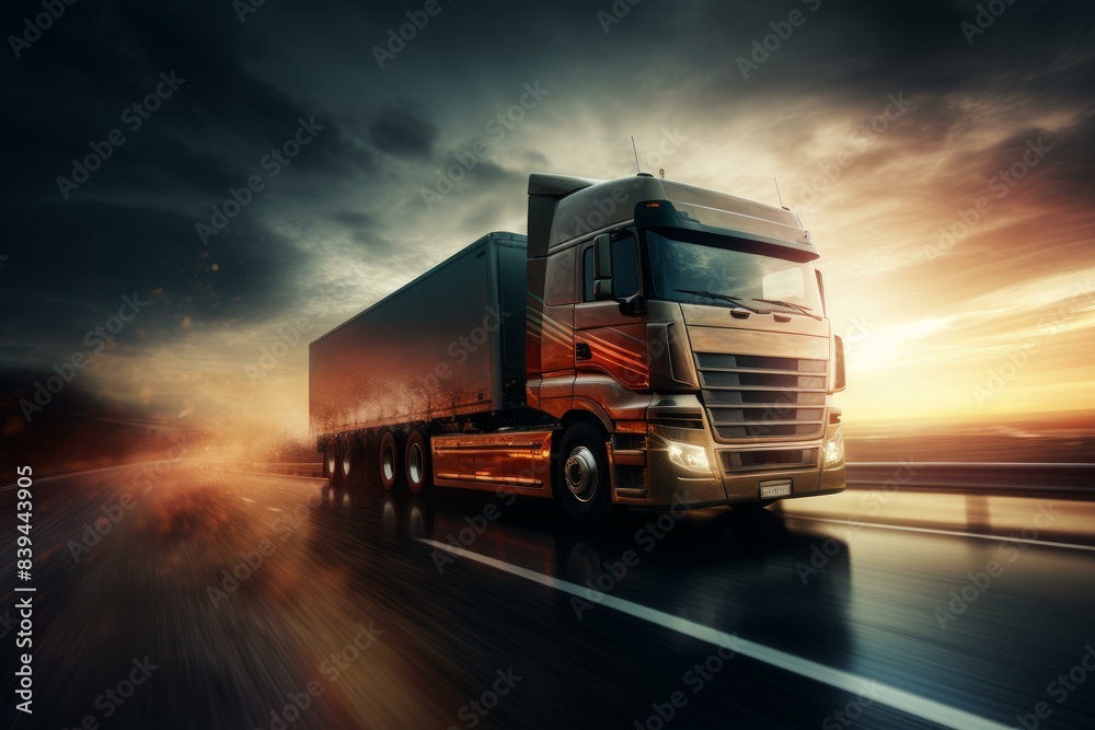 Dynamic image of a semi truck driving on an asphalt road during a vivid sunset Dynamic image of a semi truck driving on an asphalt road during a vivid sunset
