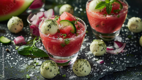 Food photography. watermelon smoothie gazpacho made from watermelon, cucumber, tomatoes, red onion, mint, olive oil, served with mini mozzarella cheese balls