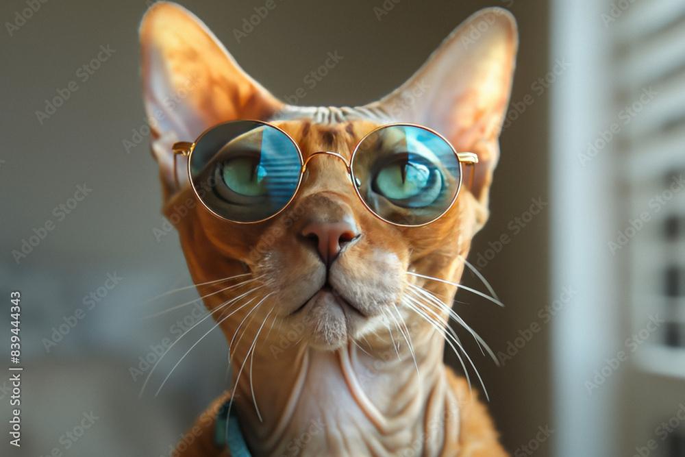 A brown Sphynx cat wearing teal glasses against a white background. Generative AI