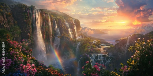 Rainbow and waterfall scene in a serene view