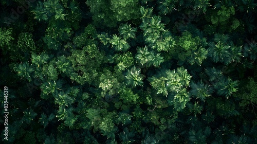 Aerial top view of a green forest, textured rainforest canopy viewed from above in a high angle shot, drone photography © Aleena