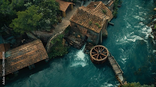a bird's eye view of a watermill in a beautiful environment for sustainable energy, generated by AI