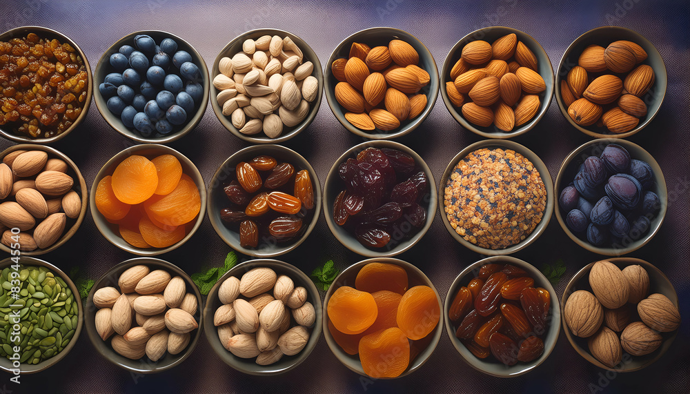 Overhead view of assorted healthy dried fruits and nuts in bowls. Perfect for snacks, nutritional meals, and healthy diet inspiration. Overhead view of assorted healthy dried fruits and nuts in bowls. Perfect for snacks, nutritional meals, and healthy diet inspiration.