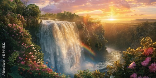 Rainbow and waterfall scene in a tranquil time