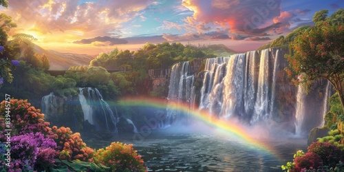 Rainbow and waterfall scene in a tranquil ambiance
