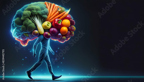 Surreal image of a walking human figure with a brain made of fruits and vegetables, representing a healthy diet and mental wellness.