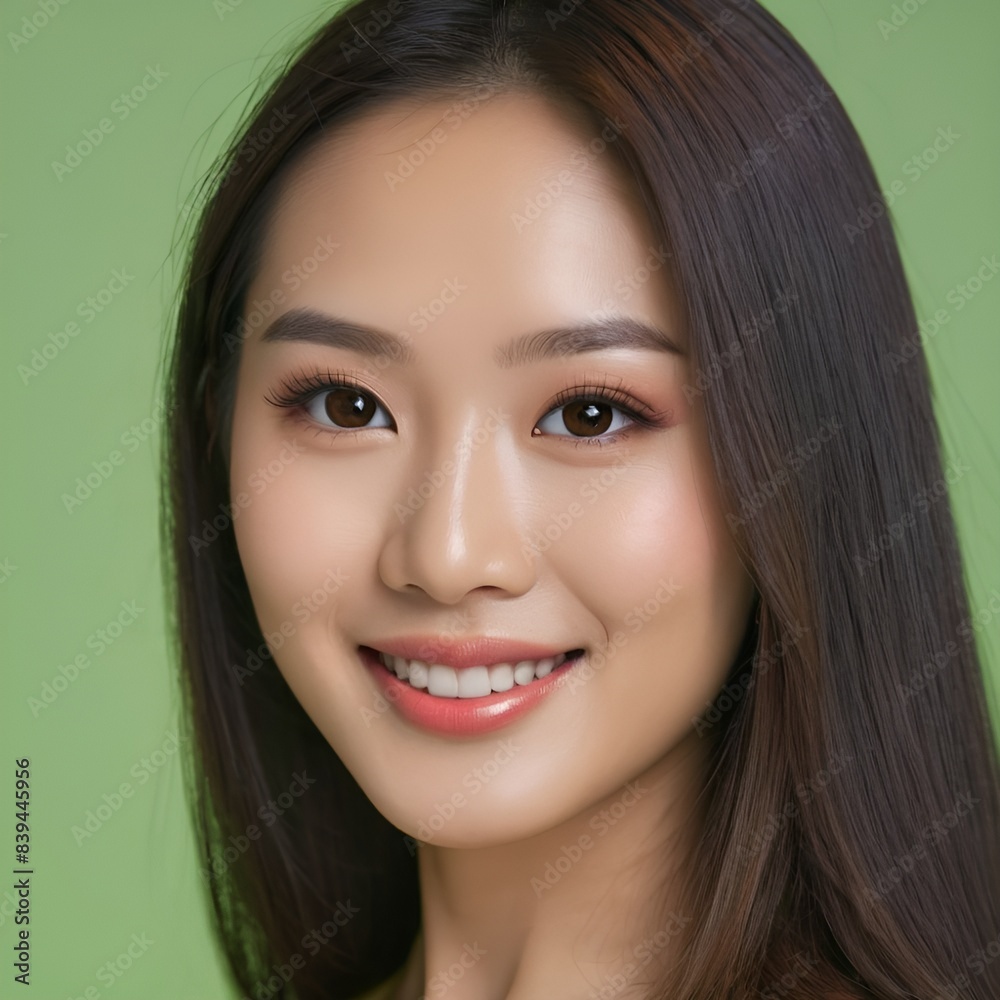 Pretty Asian beauty woman long hair with japanese makeup glowing face and healthy facial skin portrait smile on isolated green background Pretty Asian beauty woman long hair with japanese makeup glowing face and healthy facial skin portrait smile on isolated green background