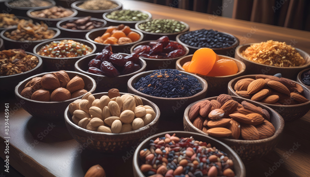 Various dried fruits, nuts, seeds in bowls on wooden surface. Healthy snack options with assorted textures and colors. Rich in nutrients.