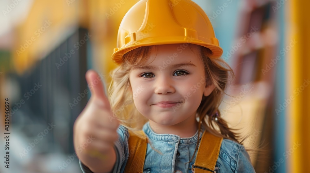 Smiling child wearing a yellow construction helmet, giving a thumbs up. Concept of childhood aspirations and construction ideas. Smiling child wearing a yellow construction helmet, giving a thumbs up. Concept of childhood aspirations and construction ideas.