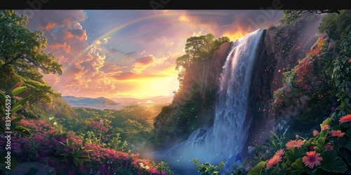 Rainbow and waterfall scene in a calm environment