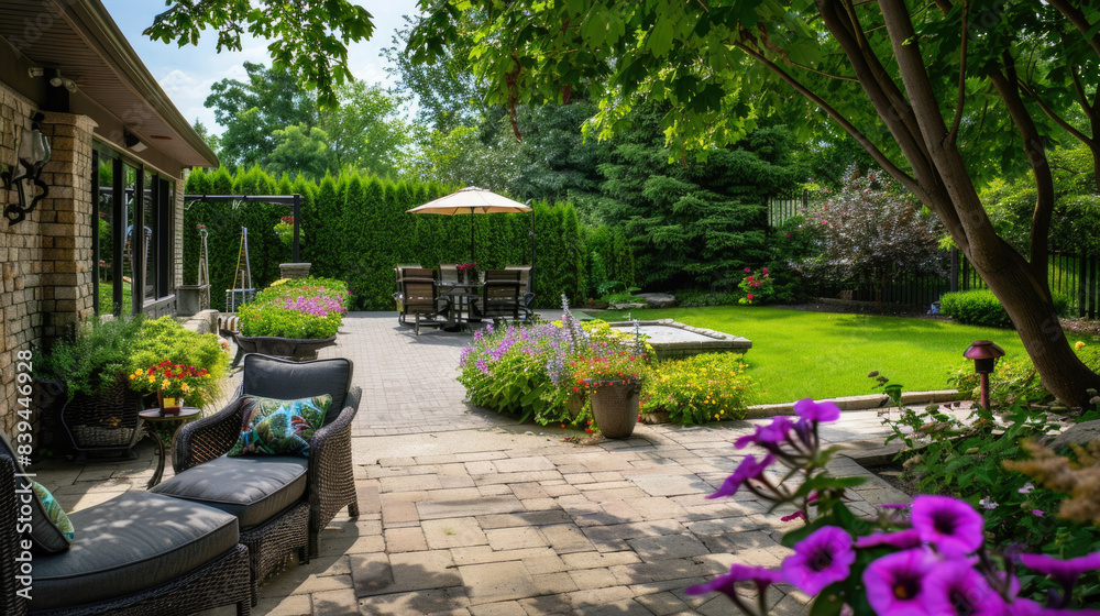 Beautiful backyard landscape design, cozy patio area with flowers, grass, hedges, and a sitting area 