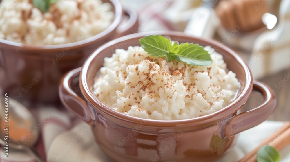 Creamy rice pudding sprinkled with cinnamon, with basil leaf garnish in ceramic bowls. Creamy rice pudding sprinkled with cinnamon, with basil leaf garnish in ceramic bowls.