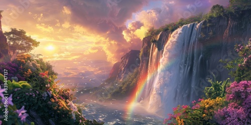 Rainbow and waterfall scene in a calm atmosphere