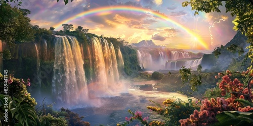 Rainbow and waterfall scene in a tranquil atmosphere