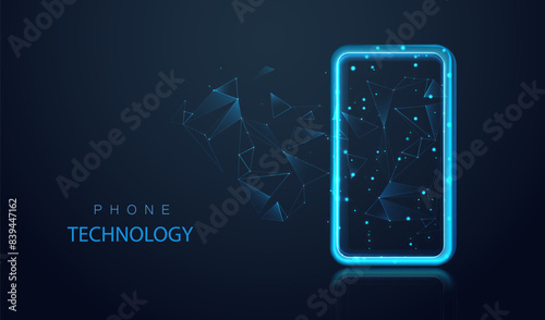 Smartphone blue screen display with low poly. Mobile phone triangle polygonal design. Connecting dots sky. Futuristic banner template for app concept. Vector phone illustration background.