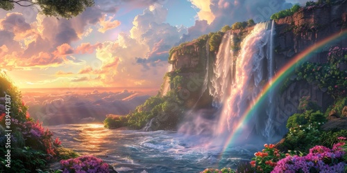 Rainbow and waterfall scene in a calm moment