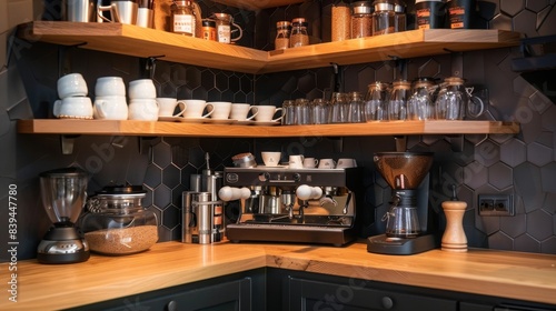 Modern Kitchen Interior with Espresso Machine and Wooden Shelves