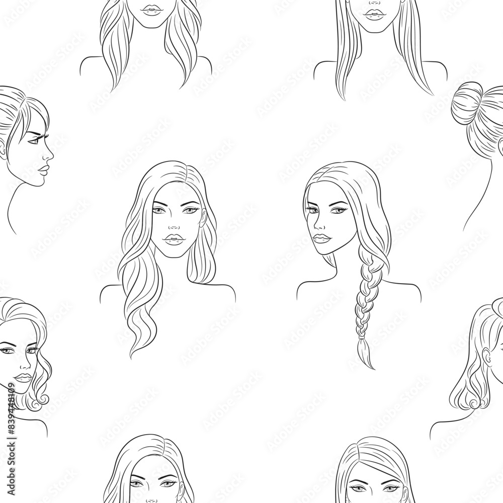 Vector seamless pattern line background for beauty salons, hairdressers, or wellness centers. Beautiful young women with different hairstyles. Vector seamless pattern line background for beauty salons, hairdressers, or wellness centers. Beautiful young women with different hairstyles.