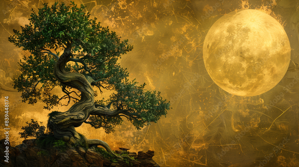 Serene Elegance: Twisted Bonsai Tree with Turquoise Foliage and Ruby Moon on Distressed Background Serene Elegance: Twisted Bonsai Tree with Turquoise Foliage and Ruby Moon on Distressed Background