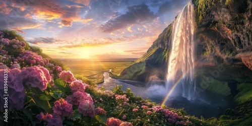 Rainbow and waterfall scene in a peaceful mood