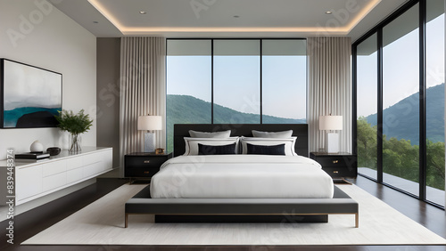 Modern style bedroom  double bed  clean and tidy sheets and pillows  beautiful city scenery outside the floor window  high-end apartments and hotels  minimalist style