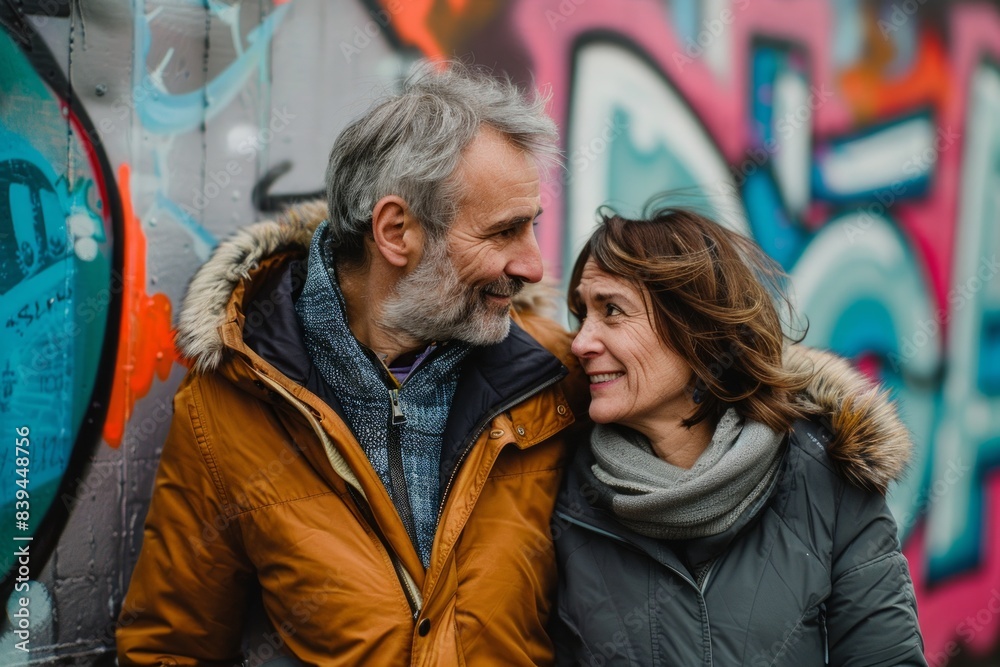 Obraz premium Portrait of a satisfied couple in their 50s wearing a warm parka isolated in colorful graffiti wall