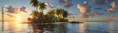3D model of a tropical island with a sunset, summer photo