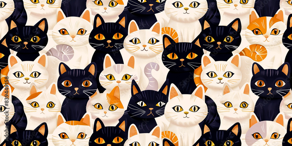 Seamless background with cute cat characters. Children's print for fabric, wrapping paper, textiles, wallpaper and clothing. Watercolor seamless pattern with animal heads. Cute drawn cats