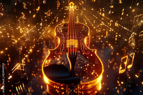 A golden violin is surrounded by musical notes and is lit up, illustrations Musical Instruments, fiddle and musical notes.