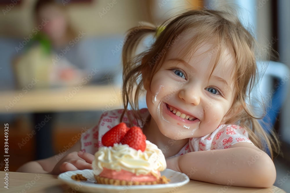 child happily eating dessert with a smile and smeared face child happily eating dessert with a smile and smeared face