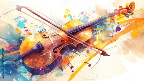 A colorful painting of a violin with a bow on it, illustrations Musical Instruments, fiddle and musical notes.