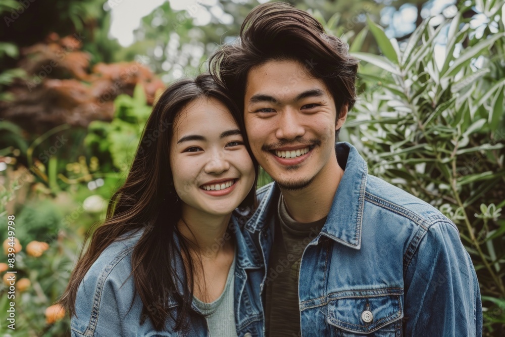 Portrait of a grinning asian couple in their 20s sporting a rugged denim jacket isolated in lush green garden Portrait of a grinning asian couple in their 20s sporting a rugged denim jacket isolated in lush green garden